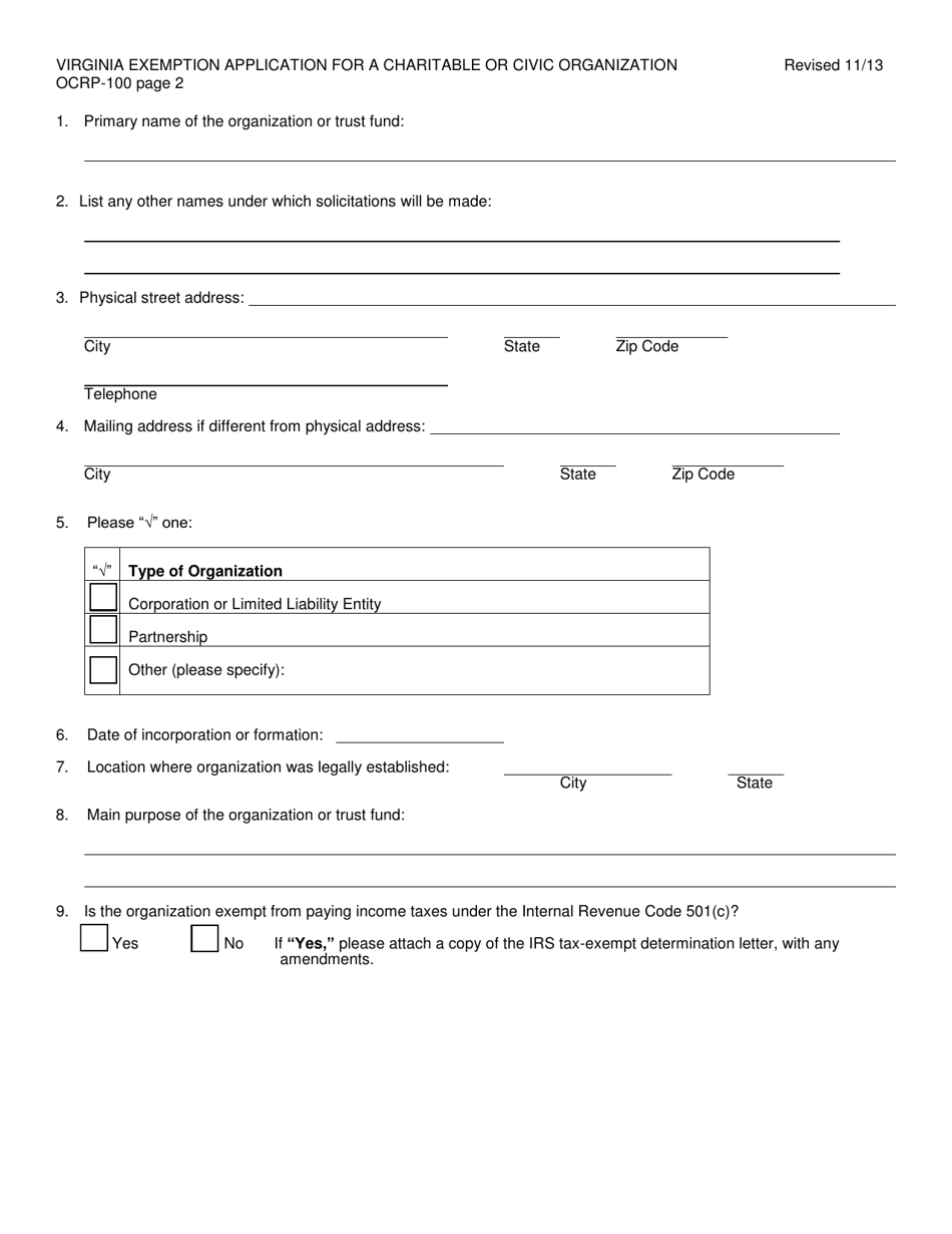 Form OCRP-100 Virginia Exemption Application for a Charitable or Civic Organization - Virginia, Page 3