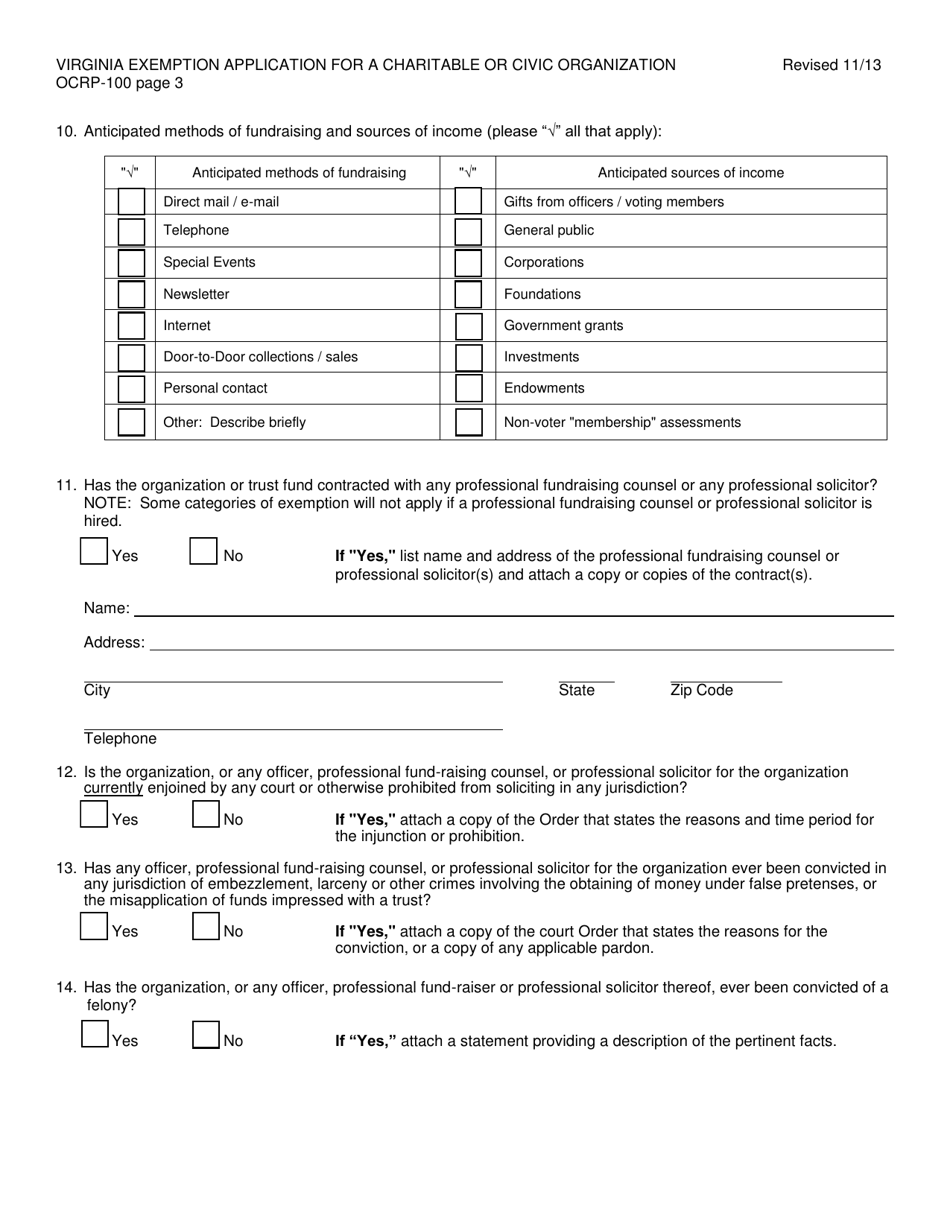 Form OCRP-100 Virginia Exemption Application for a Charitable or Civic Organization - Virginia, Page 4