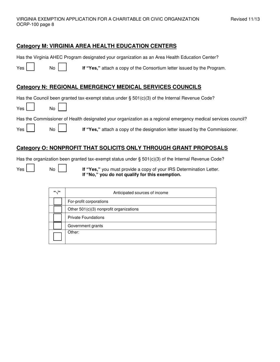 Form OCRP-100 Virginia Exemption Application for a Charitable or Civic Organization - Virginia, Page 9