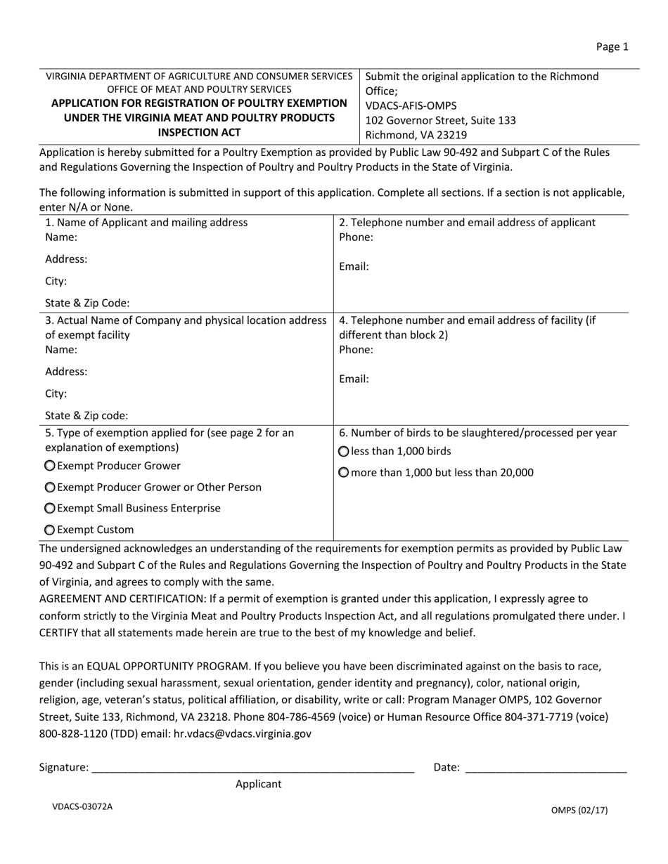 Form VDACS-03072A Application for Registration of Poultry Exemption Under the Virginia Meat and Poultry Products Inspection Act - Virginia, Page 1