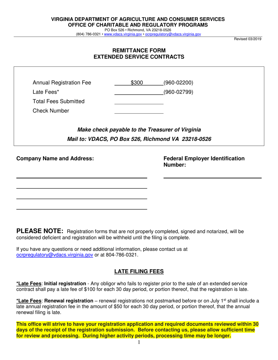 Form OCRP-61 Extended Service Contract Provider / Obligor Application for Registration - Virginia, Page 1