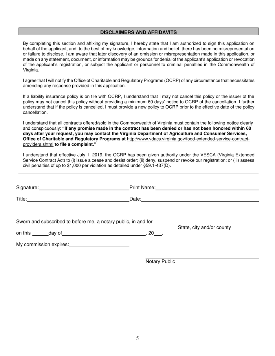 Form OCRP-61 Extended Service Contract Provider / Obligor Application for Registration - Virginia, Page 5