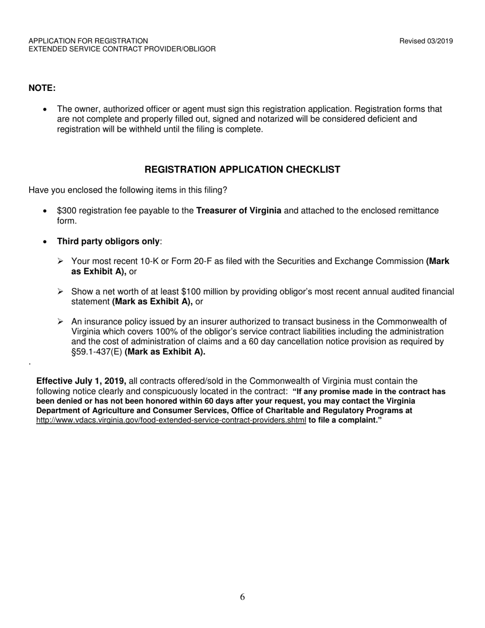 Form OCRP-61 Extended Service Contract Provider / Obligor Application for Registration - Virginia, Page 6