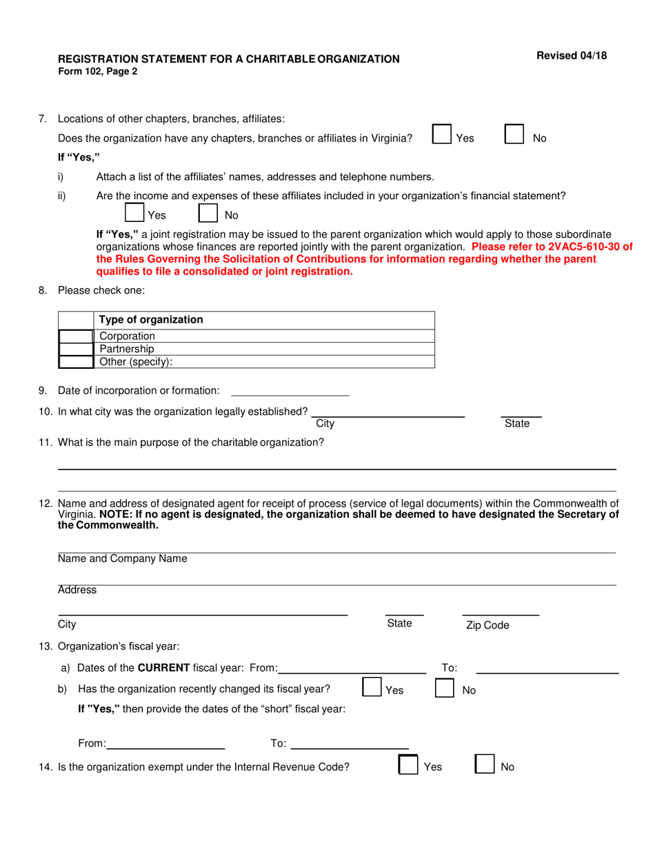 Form 102 (OCRP-102) Registration Statement for a Charitable Organization - Virginia, Page 3