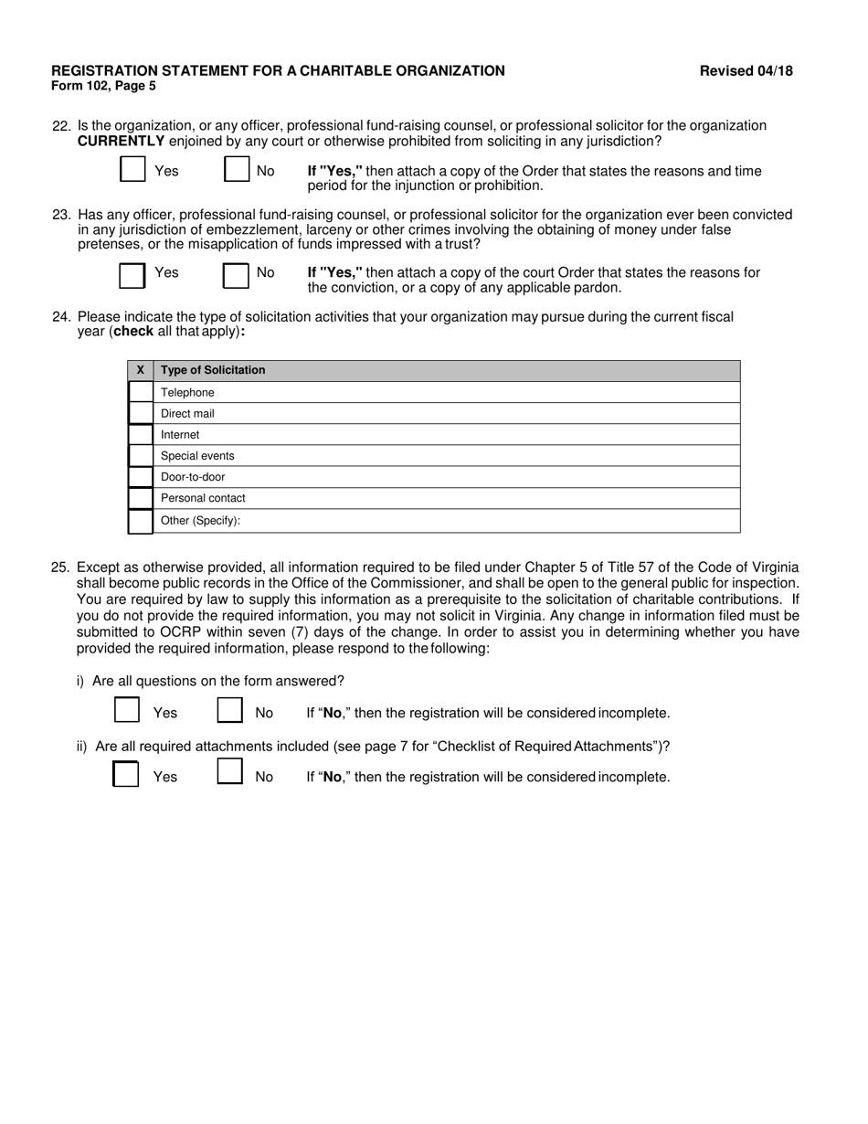 Form 102 (OCRP-102) Registration Statement for a Charitable Organization - Virginia, Page 6