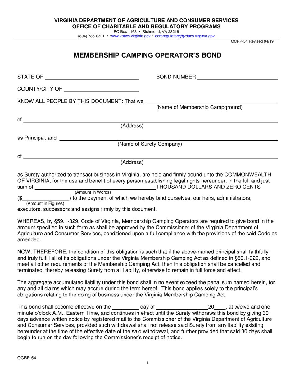 Form OCRP-54 Membership Camping Operators Bond - Virginia, Page 1
