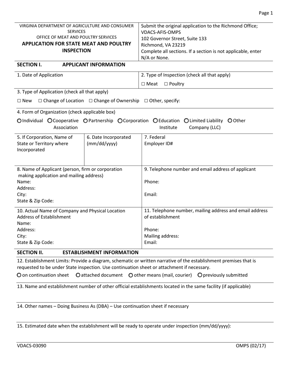 Form VDACS-03090 Application for State Meat and Poultry Inspection - Virginia, Page 1