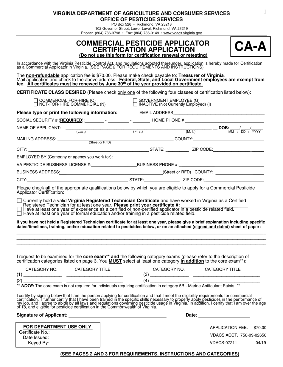 Form VDACS-07211 Commercial Pesticide Applicator Certification Application - Virginia, Page 1