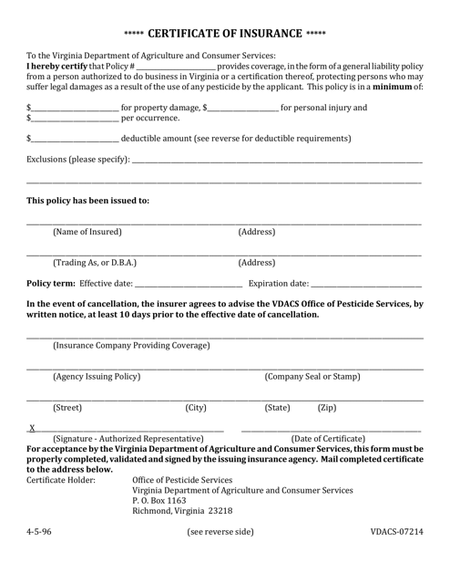Form VDACS-07214 Certificate of Insurance - Virginia