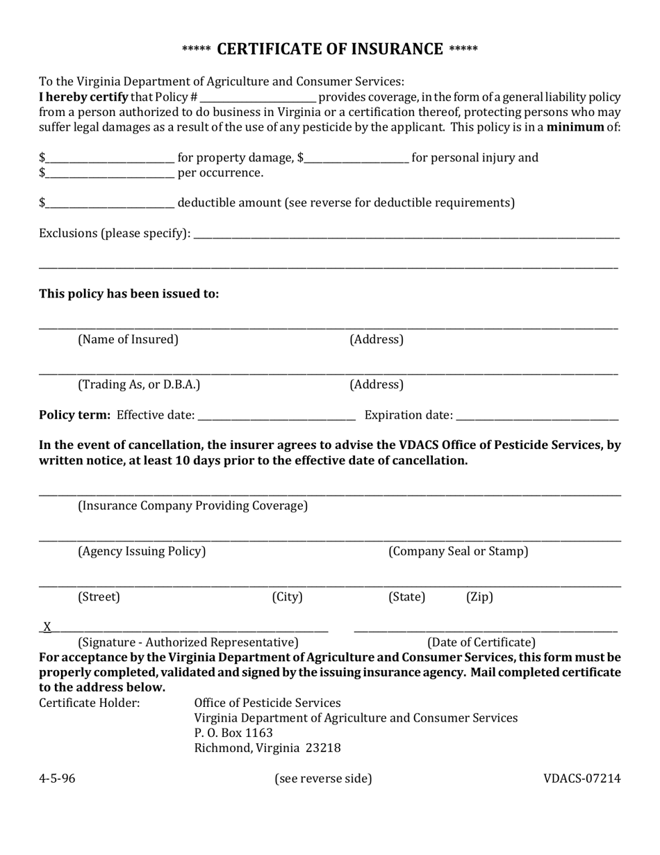 Form VDACS-07214 Certificate of Insurance - Virginia, Page 1
