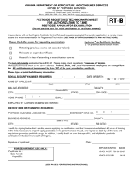 Form VDACS-07212-B Pesticide Registered Technician Request for Authorization to Take Pesticide Applicator Examination - Virginia
