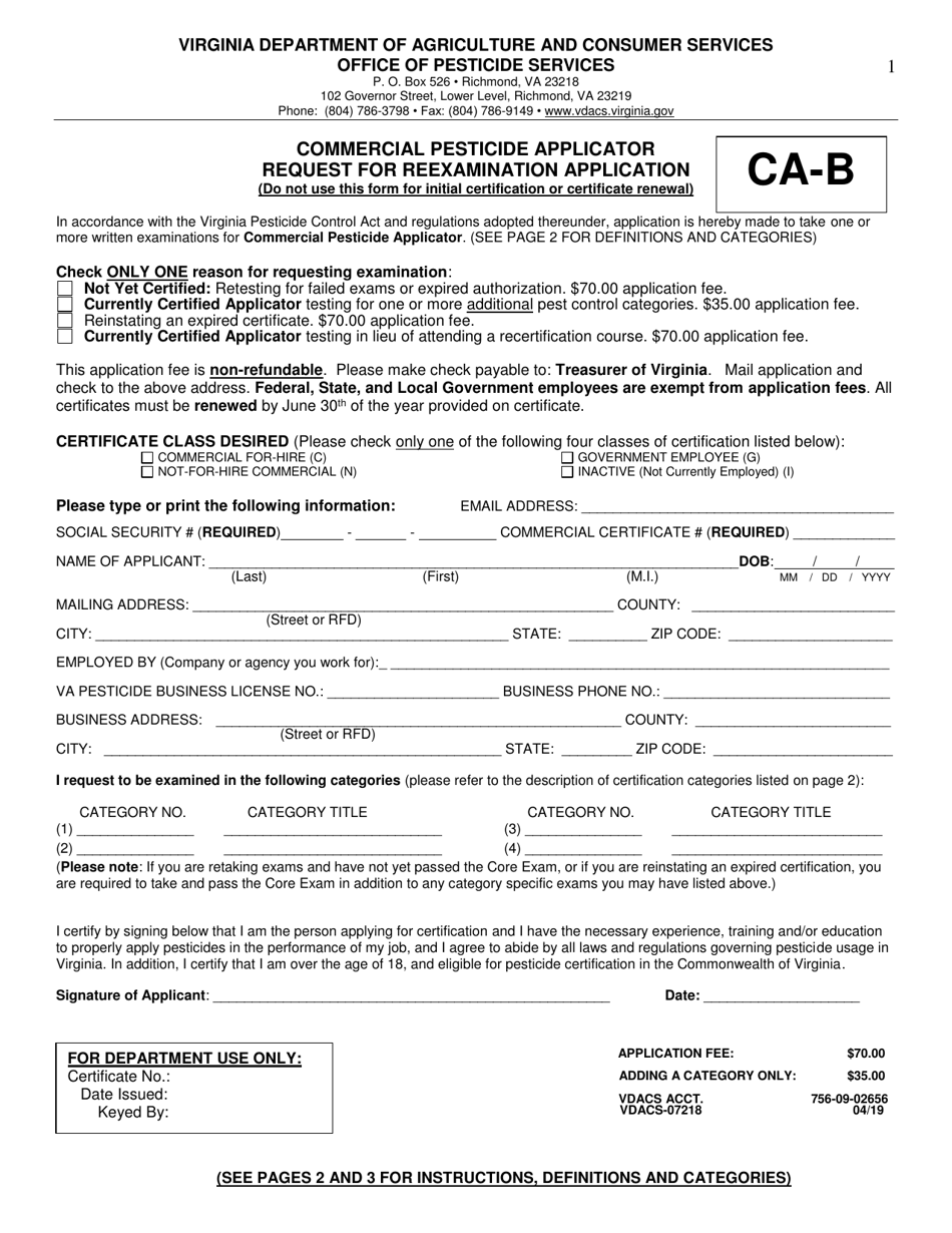 Form VDACS-07218 Commercial Pesticide Applicator Request for Reexamination Application - Virginia, Page 1