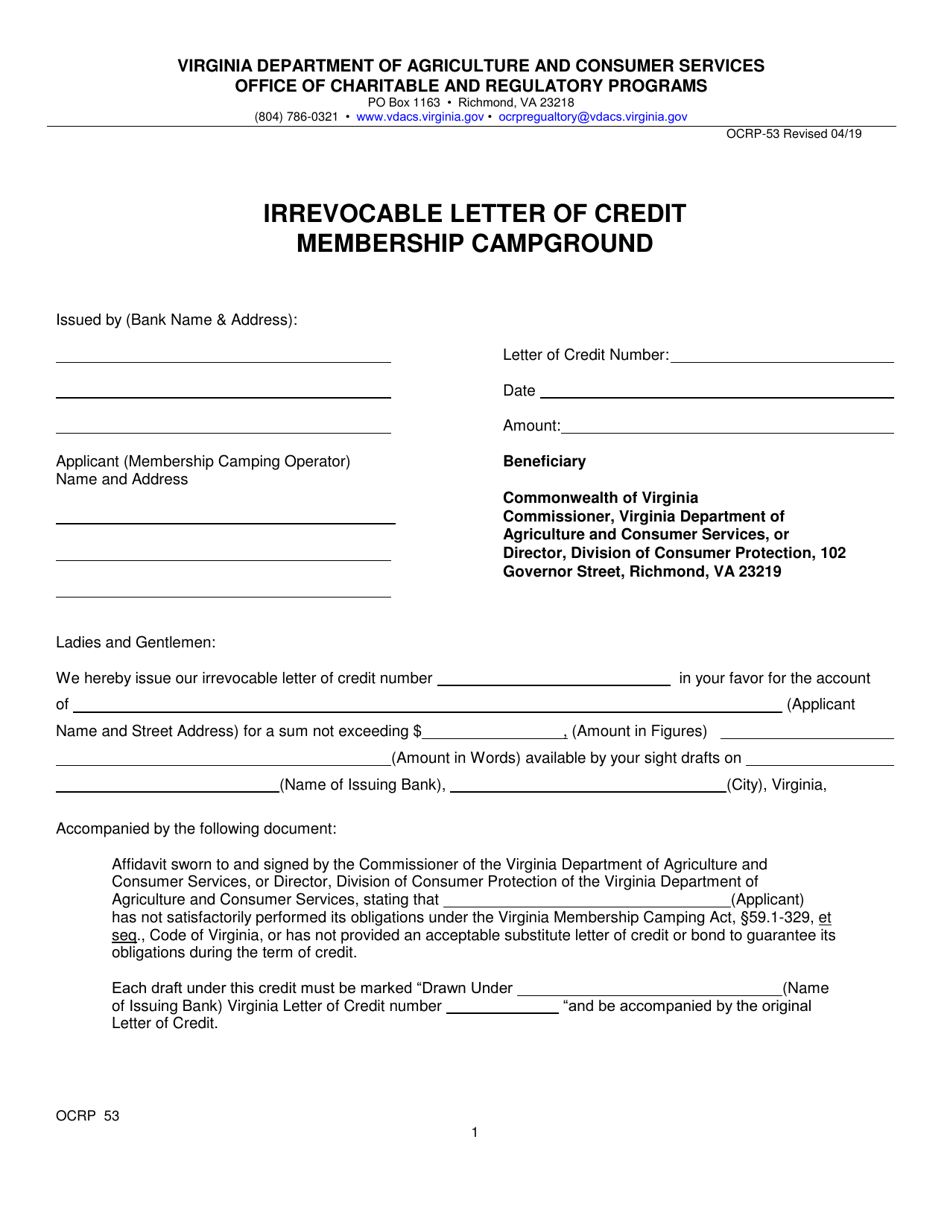 Form OCRP-53 Irrevocable Letter of Credit for Membership Campground Template - Virginia, Page 1