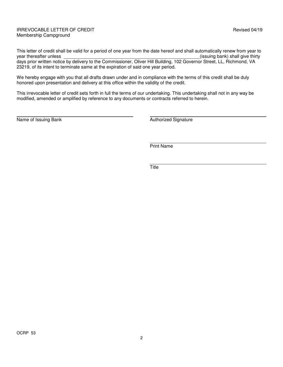 Form OCRP-53 Irrevocable Letter of Credit for Membership Campground Template - Virginia, Page 2