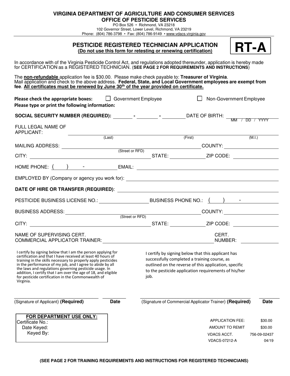 Form VDACS-07212-A Pesticide Registered Technician Application - Virginia, Page 1