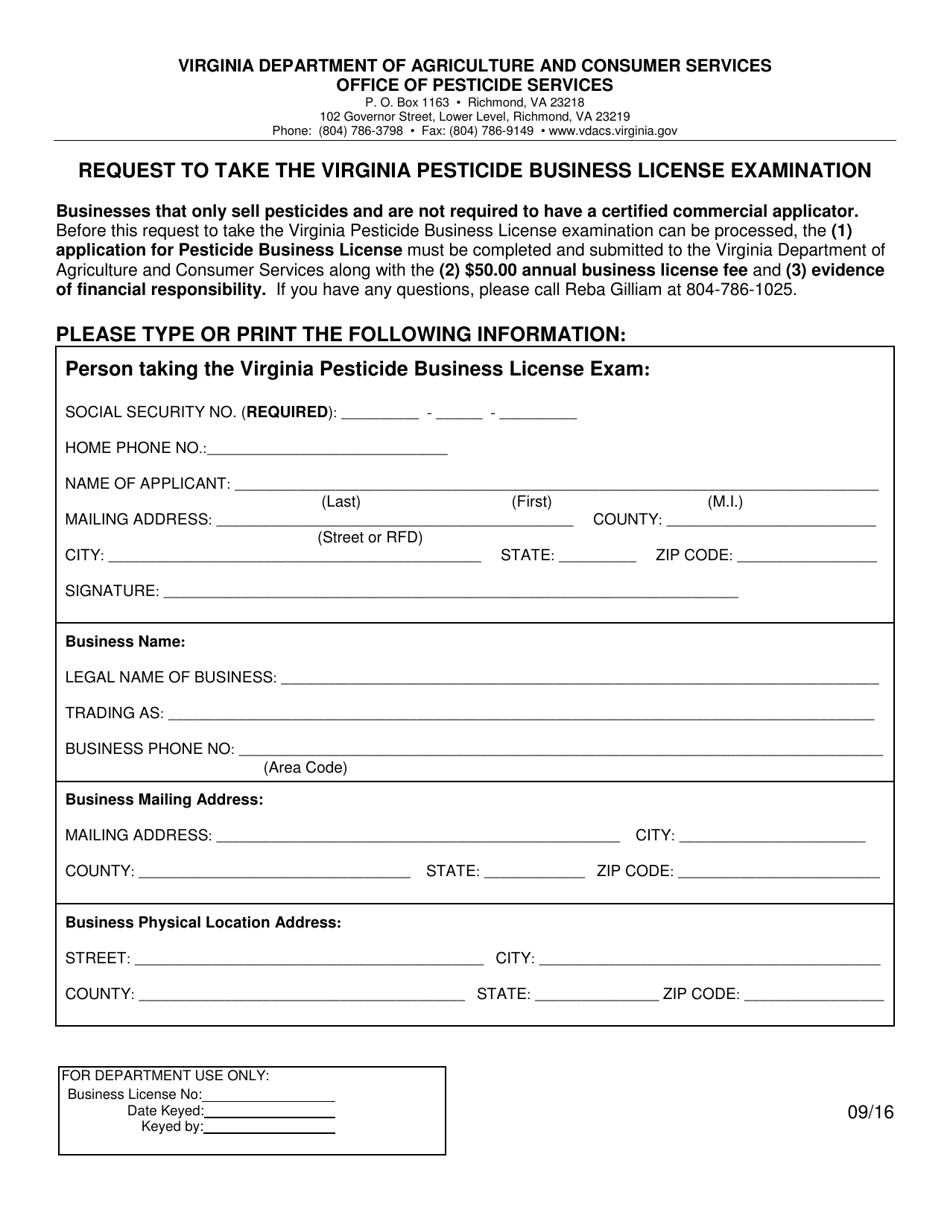 Request to Take the Virginia Pesticide Business License Examination - Virginia, Page 1