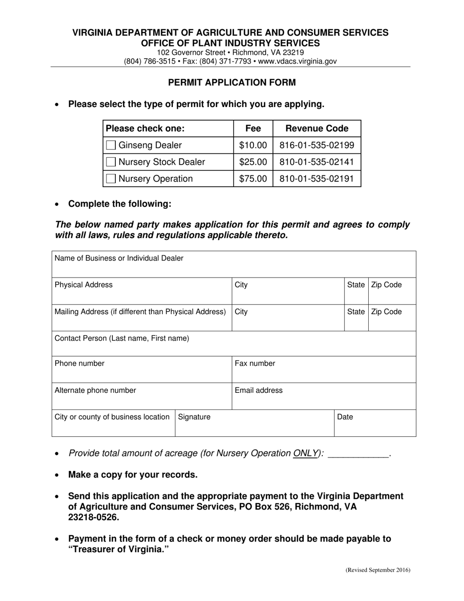 Permit Application Form - Virginia, Page 1