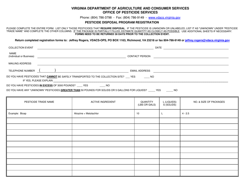 Pesticide Disposal Program Registration - Virginia Download Pdf