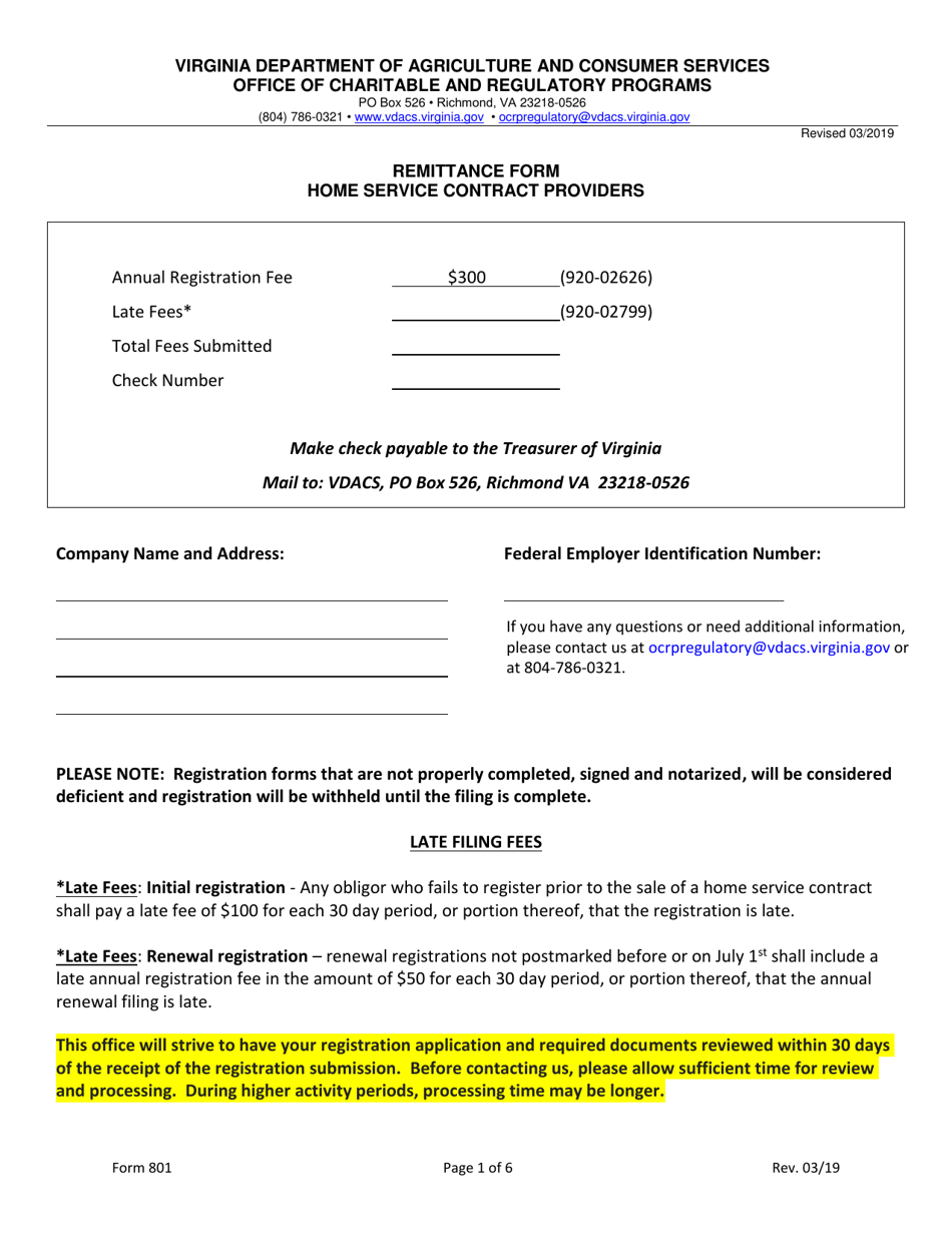 Form 801 Home Service Contract Provider Registration Application - Virginia, Page 1