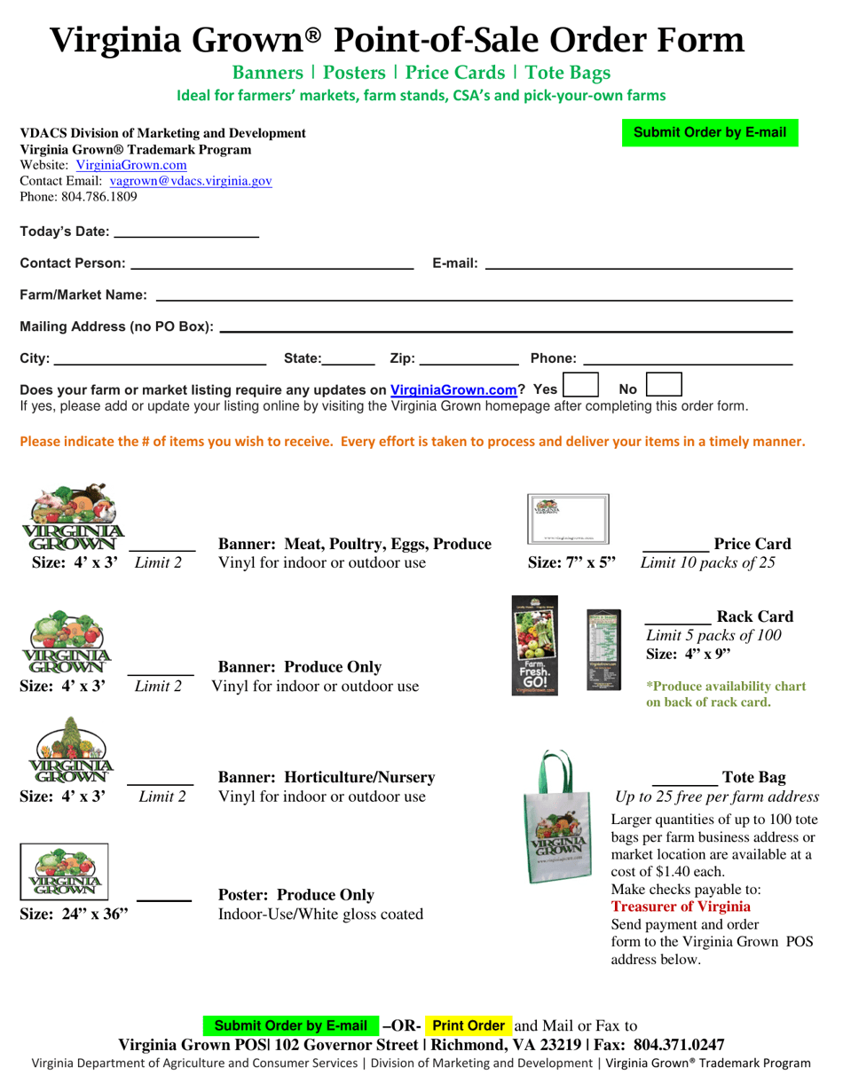 Virginia Grown Point-Of-Sale Order Form - Virginia, Page 1