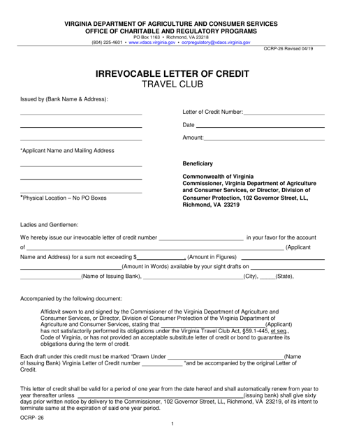 Form OCRP-26 Travel Club Irrevocable Letter of Credit - Virginia