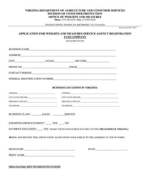 Application for Weights and Measures Service Agency Registration Form - Taxi Company - Virginia Download Pdf