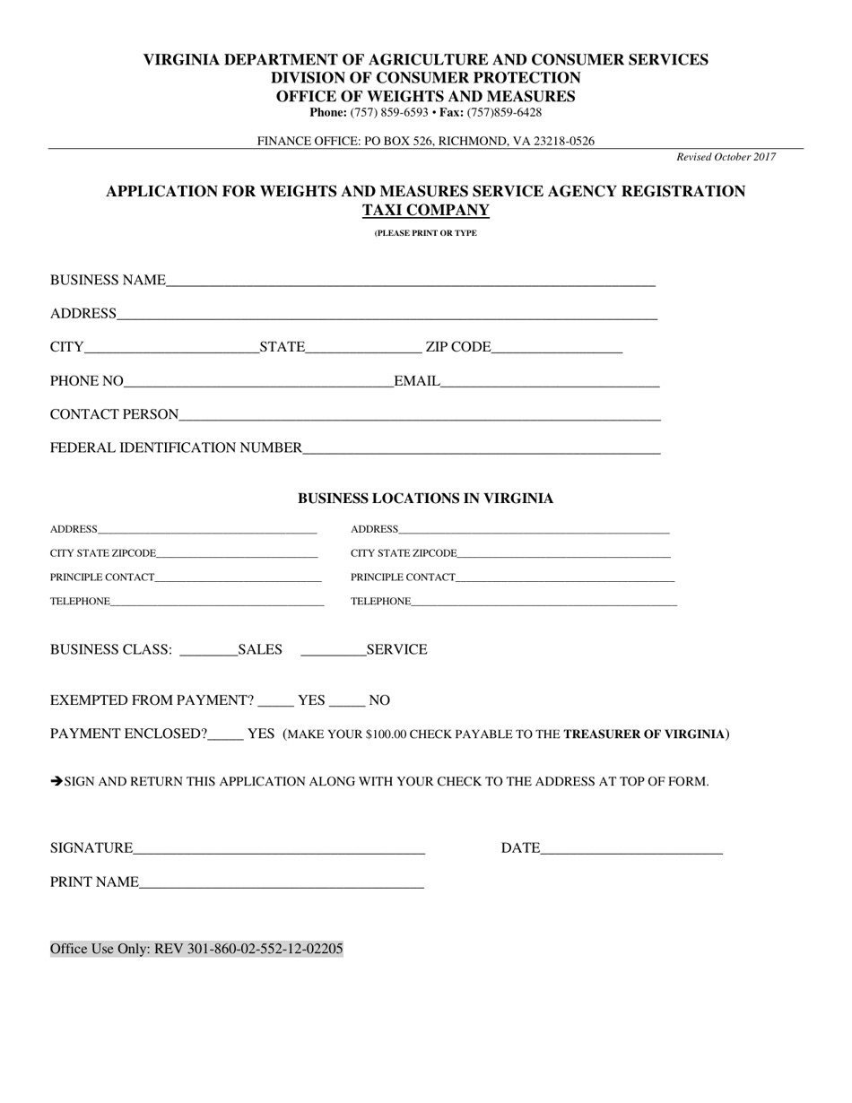 Application for Weights and Measures Service Agency Registration Form - Taxi Company - Virginia, Page 1