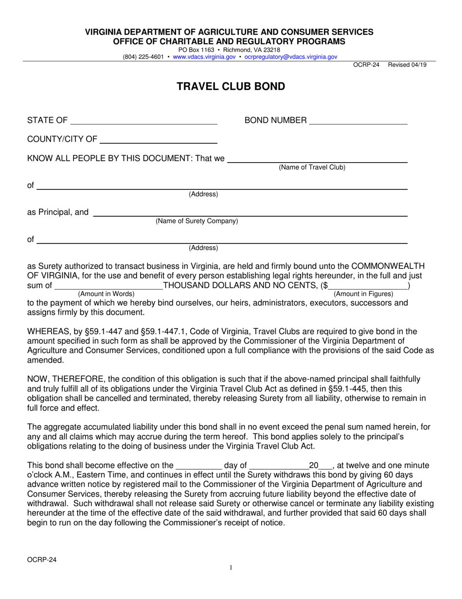 Form OCRP-24 Travel Club Bond - Virginia, Page 1