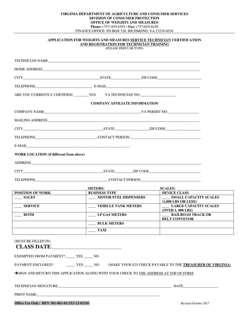 Application for Weights and Measures Service Technician Certification and Registration for Technician Training - Virginia, Page 1