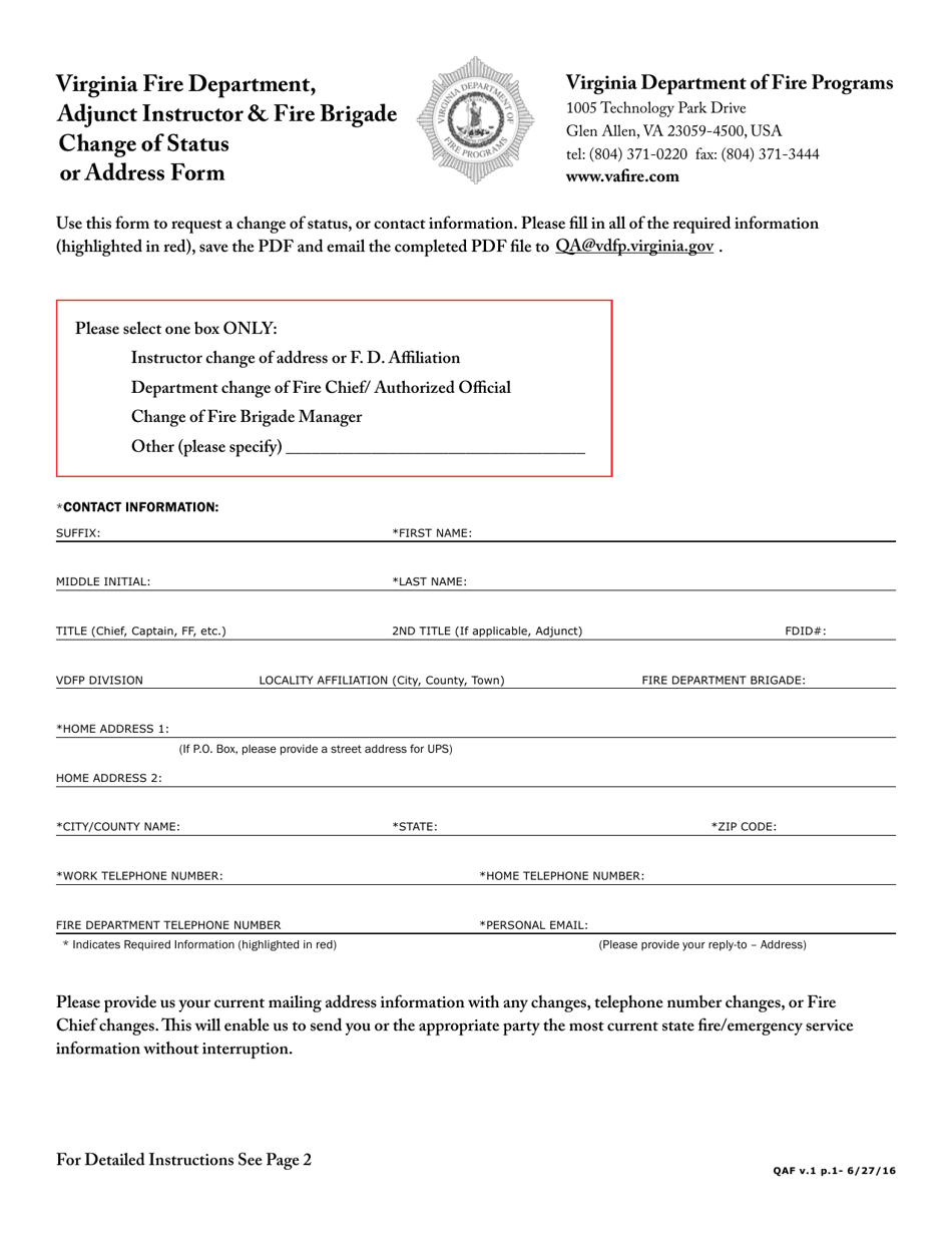 Change of Status or Address Form - Virginia, Page 1