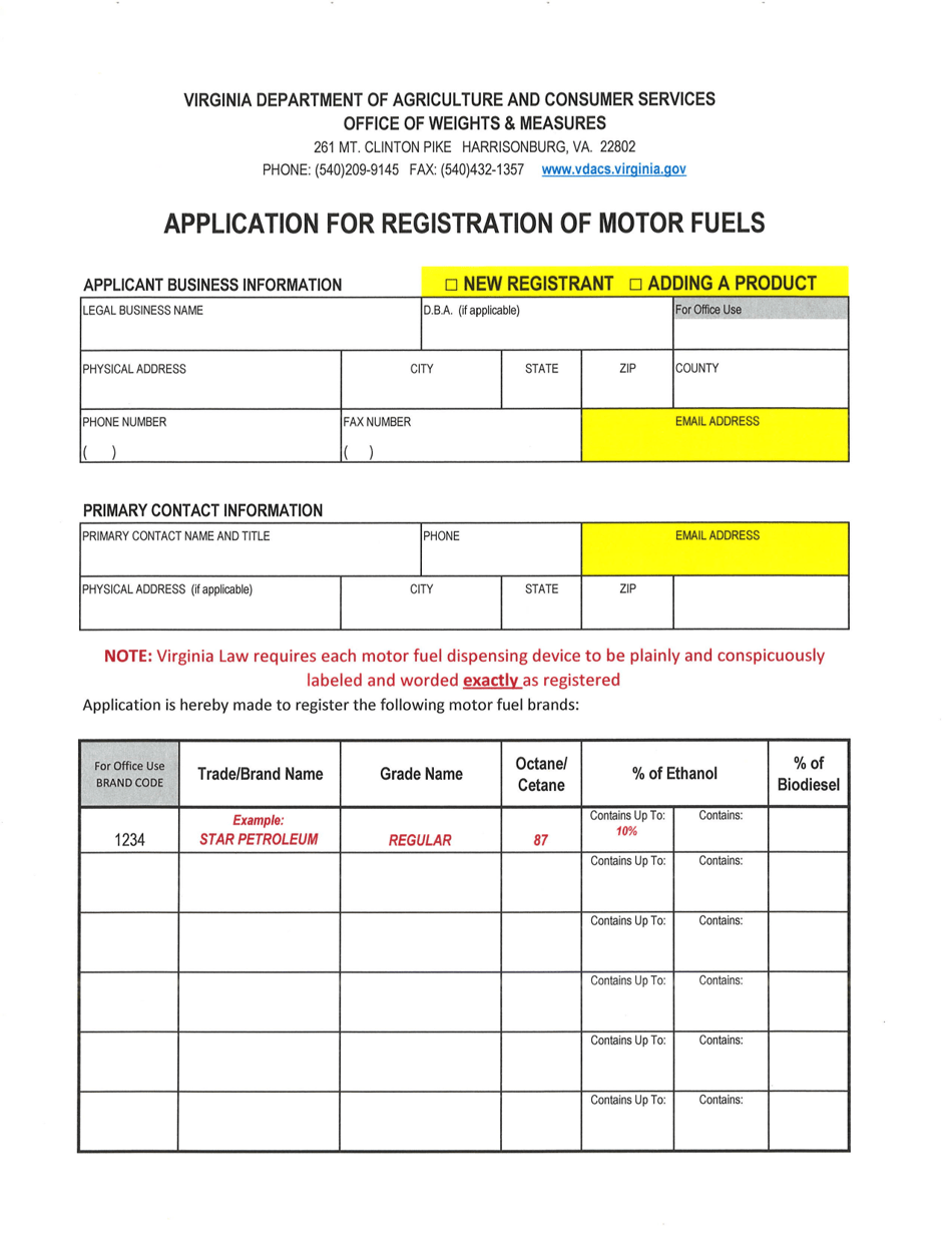 Application for Registration of Motor Fuels - Virginia, Page 1
