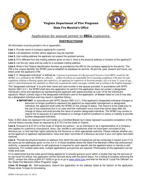 Form SFMO-4 Application for Annual Permit to Sell Explosives - Virginia