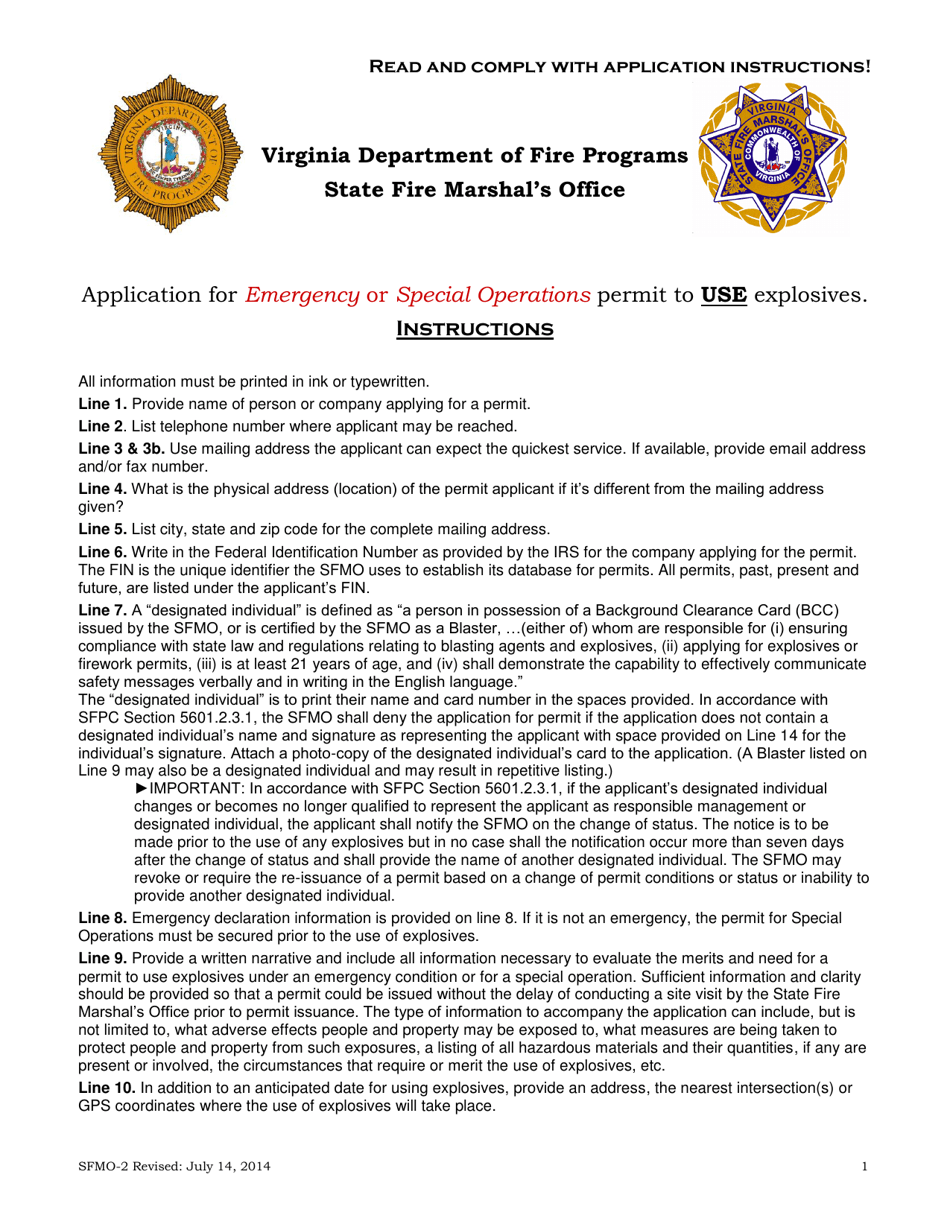 Form SFMO-2 Application for Emergency or Special Operations Permit to Use Explosives - Virginia, Page 1