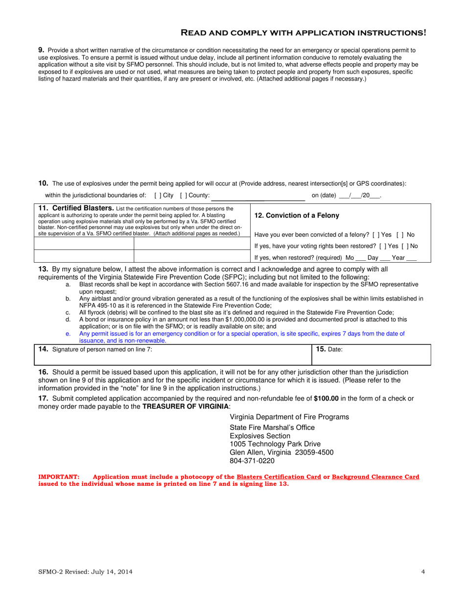 Form SFMO-2 Application for Emergency or Special Operations Permit to Use Explosives - Virginia, Page 4