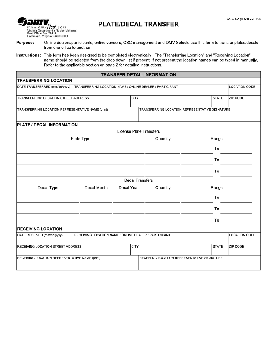 Form ASA42 Plate / Decal Transfer - Virginia, Page 1