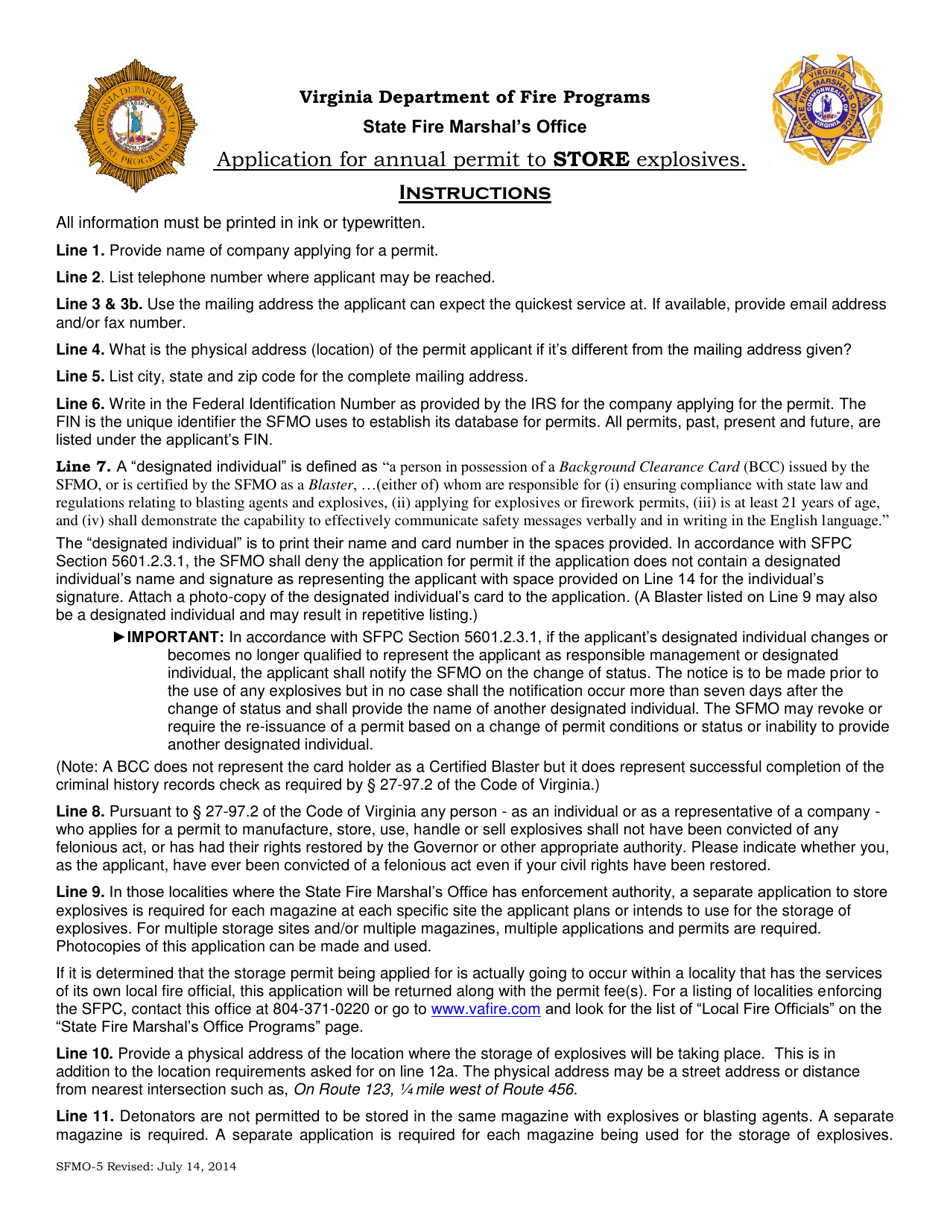 Form SFMO-5 Application for Annual Permit to Store Explosives - Virginia, Page 1
