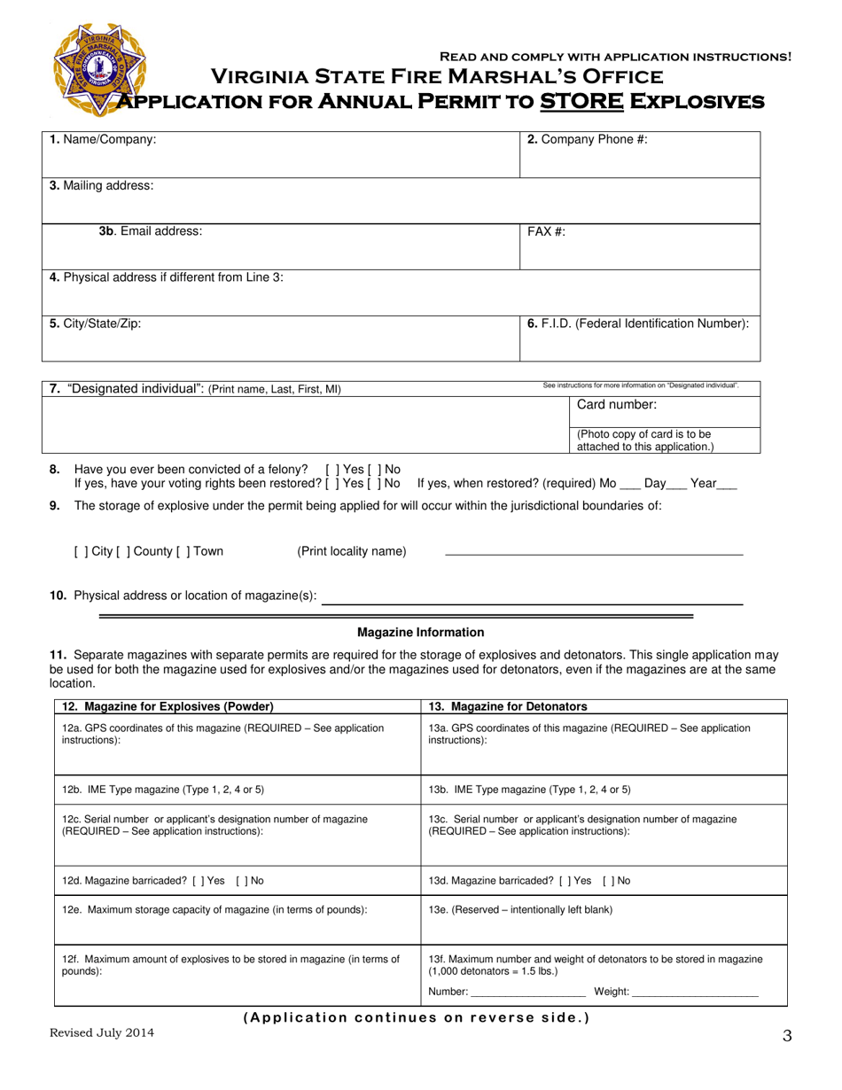 Form SFMO-5 Application for Annual Permit to Store Explosives - Virginia, Page 3