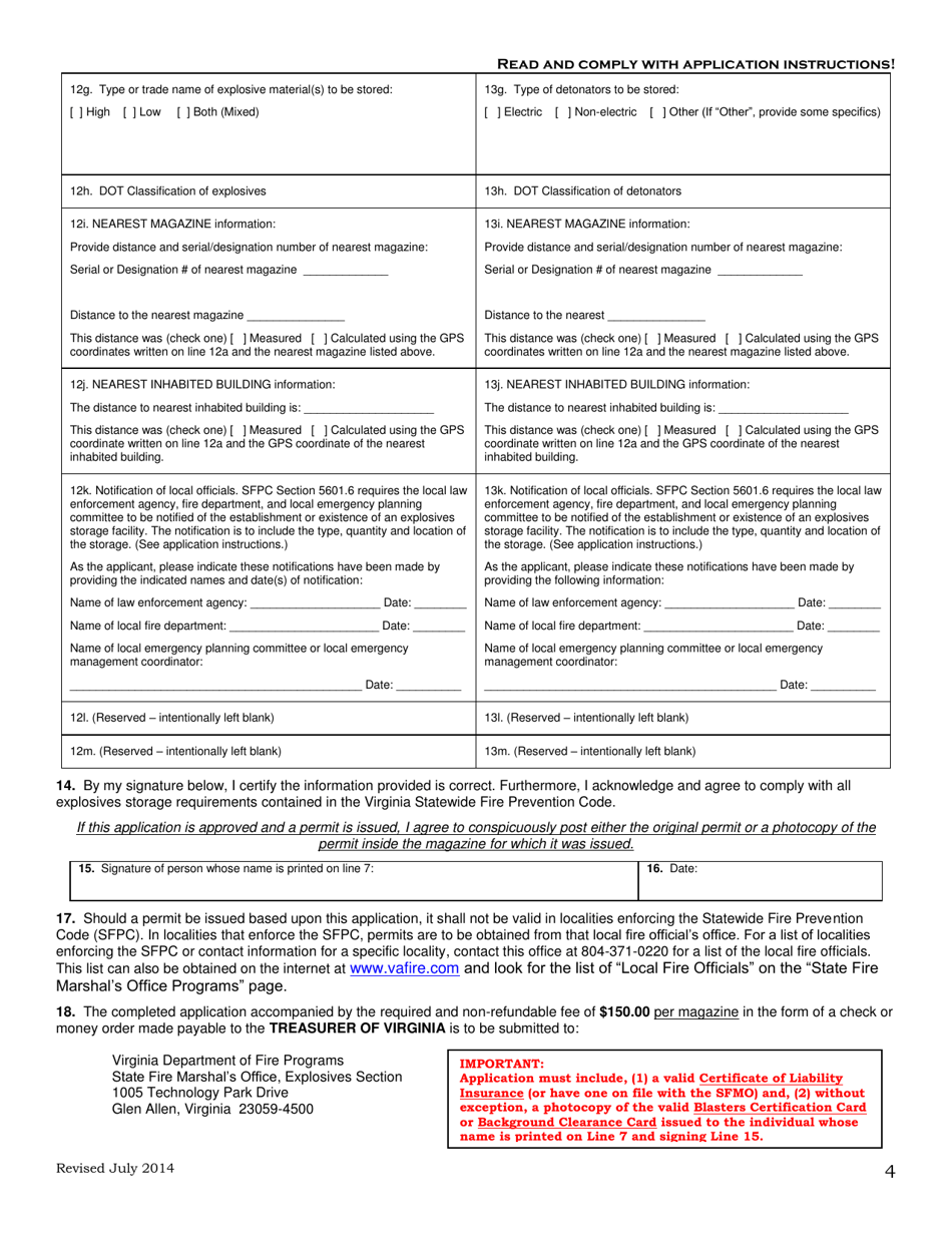 Form SFMO-5 Application for Annual Permit to Store Explosives - Virginia, Page 4