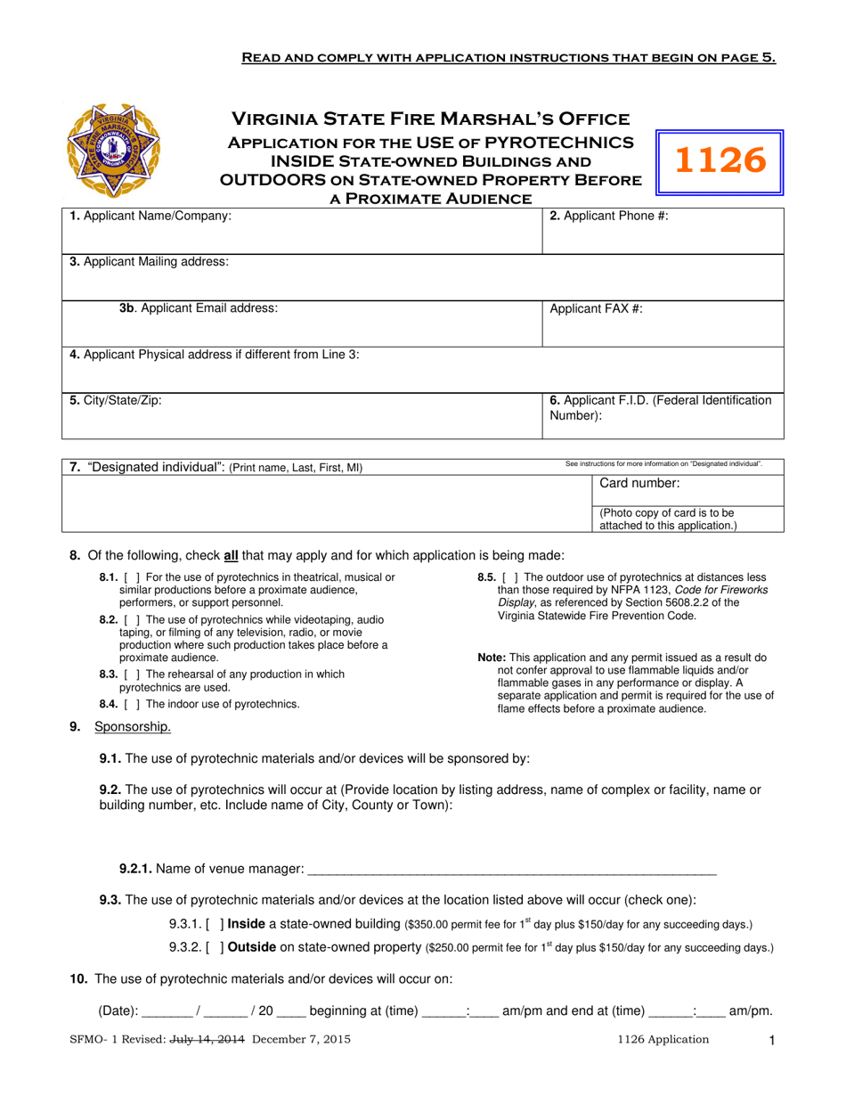 Form SFMO-1 Application for the Use of Pyrotechnics Inside State-Owned Buildings and Outdoors on State-Owned Property Before a Proximate Audience - Virginia, Page 1