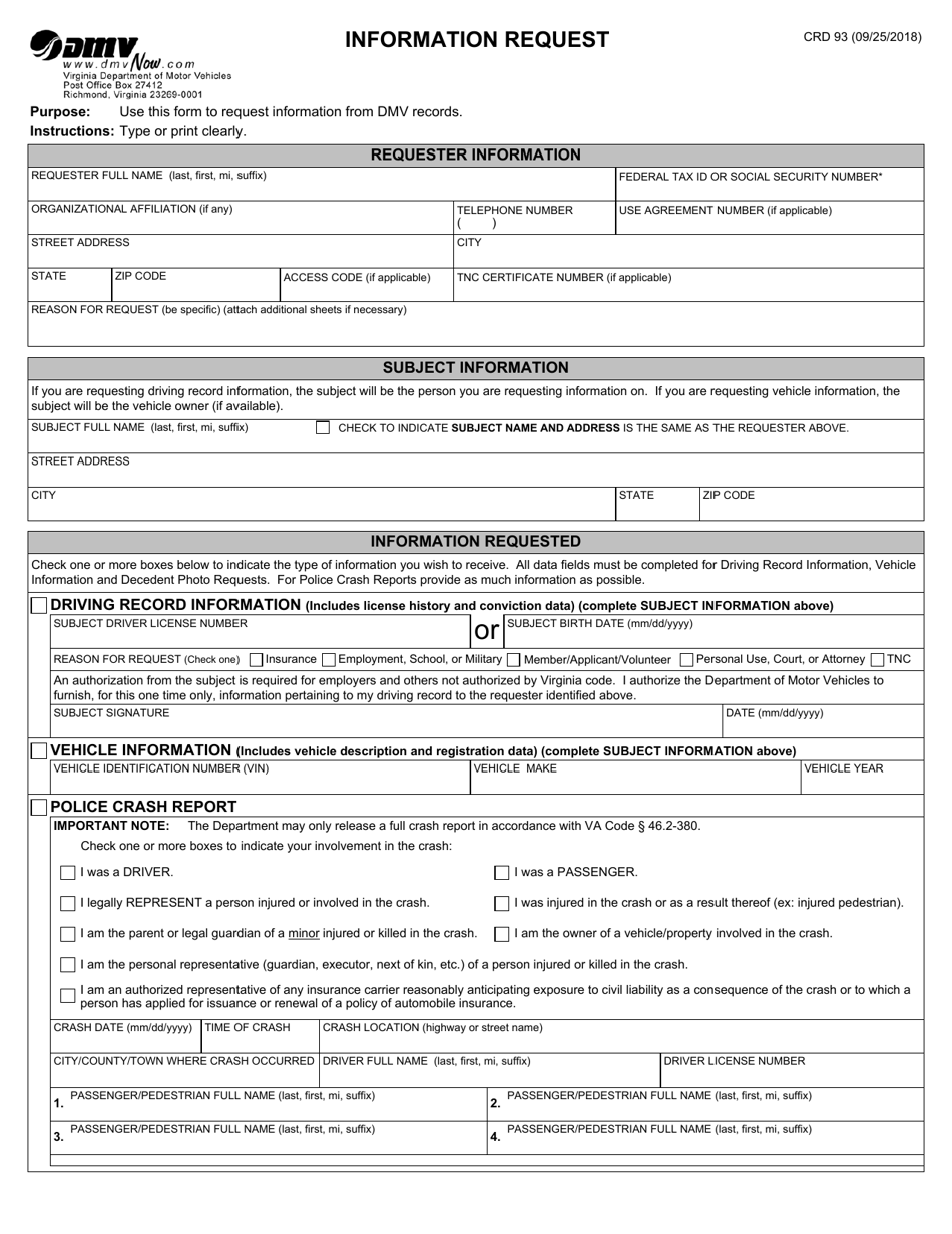 Form CRD93 Information Request - Virginia, Page 1
