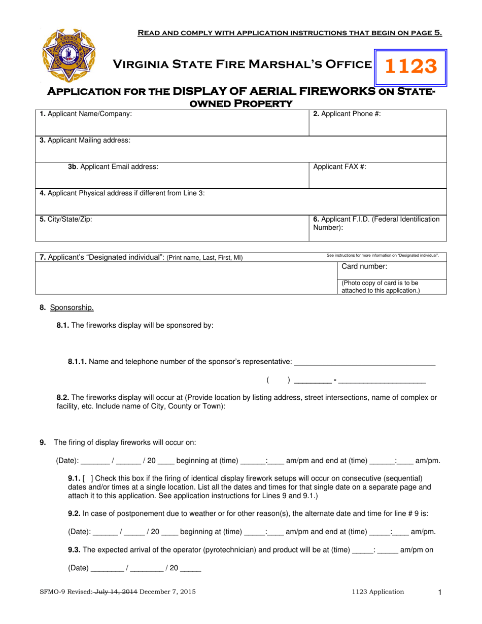 Form SFMO-9 Application for the Display of Aerial Fireworks on State-Owned Property - Virginia, Page 1