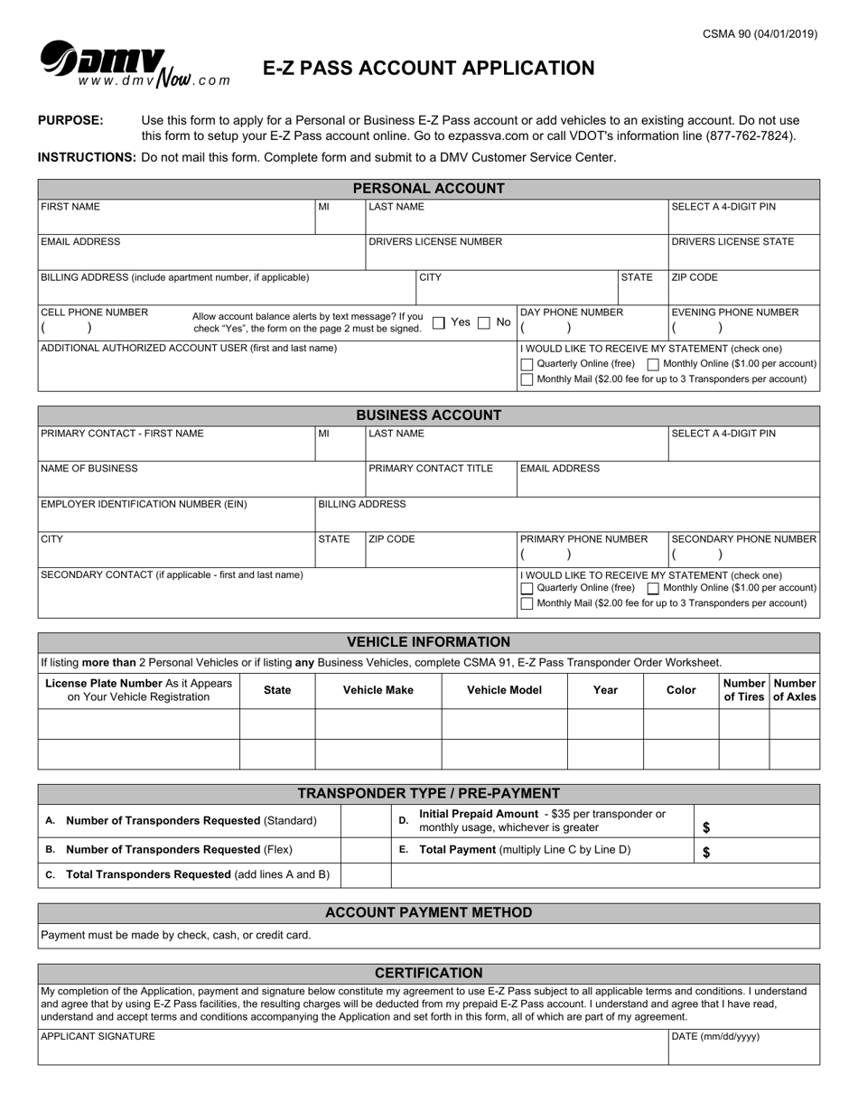 Form CSMA90 Download Fillable PDF or Fill Online E-Z Pass ...