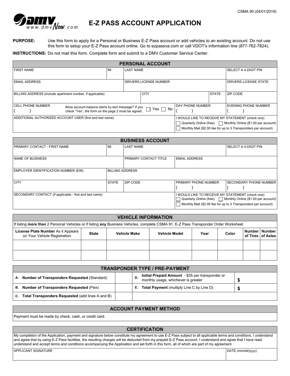 Form CSMA90 E-Z Pass Account Application - Virginia, Page 1