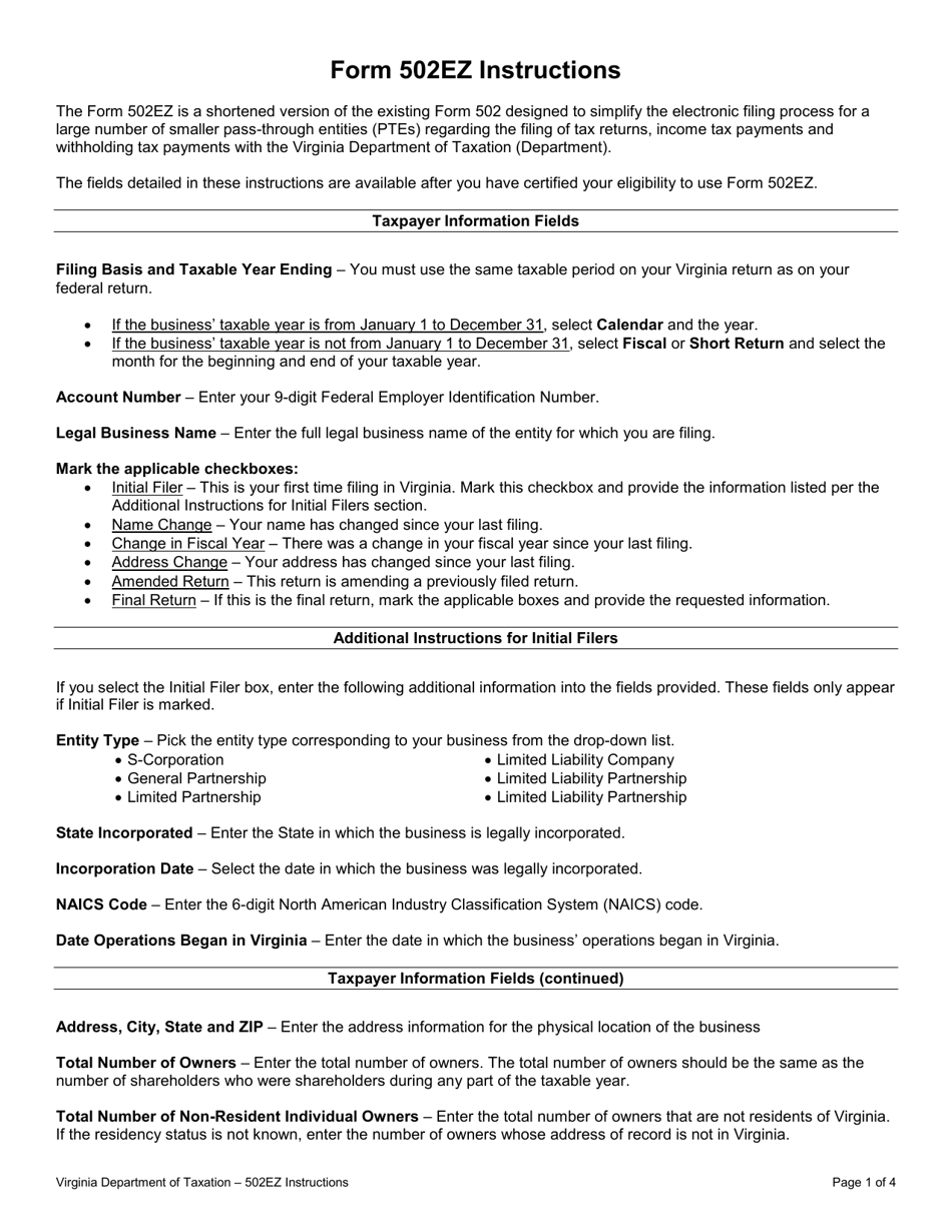 Instructions for Form 502EZ Pass-Through Entity Return of Income and Return of Nonresident Withholding Tax - Virginia, Page 2