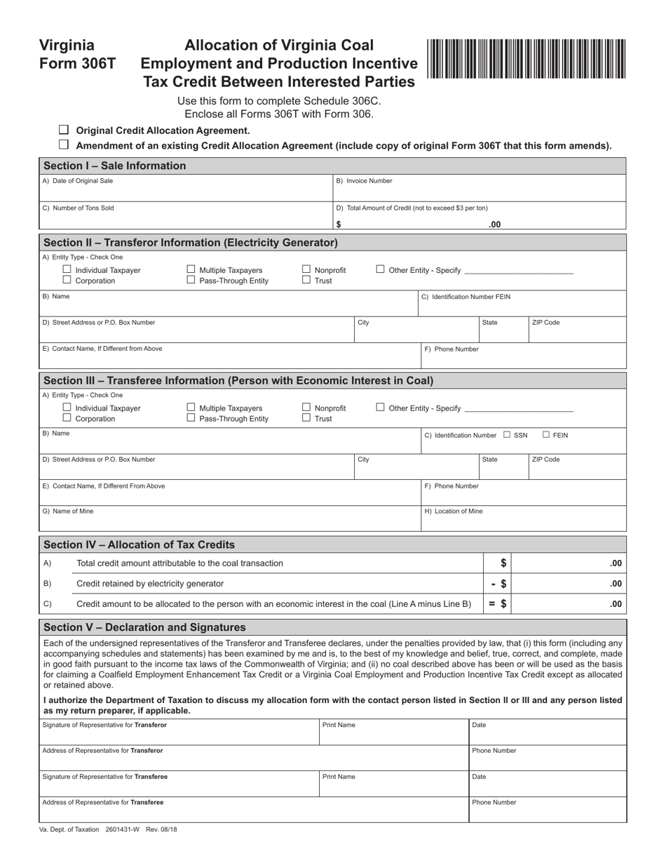 Form 306T Allocation of Coal Employment and Production Incentive Tax Credit Between Interested Parties - Virginia, Page 1