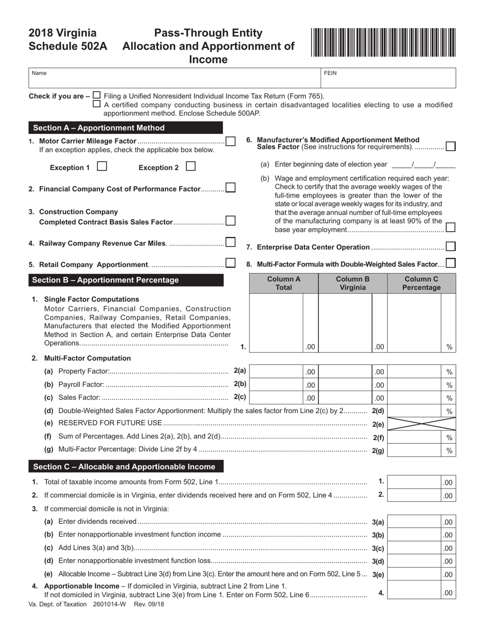 Schedule 502A Pass-Through Entity Allocation and Apportionment of Income - Virginia, Page 1