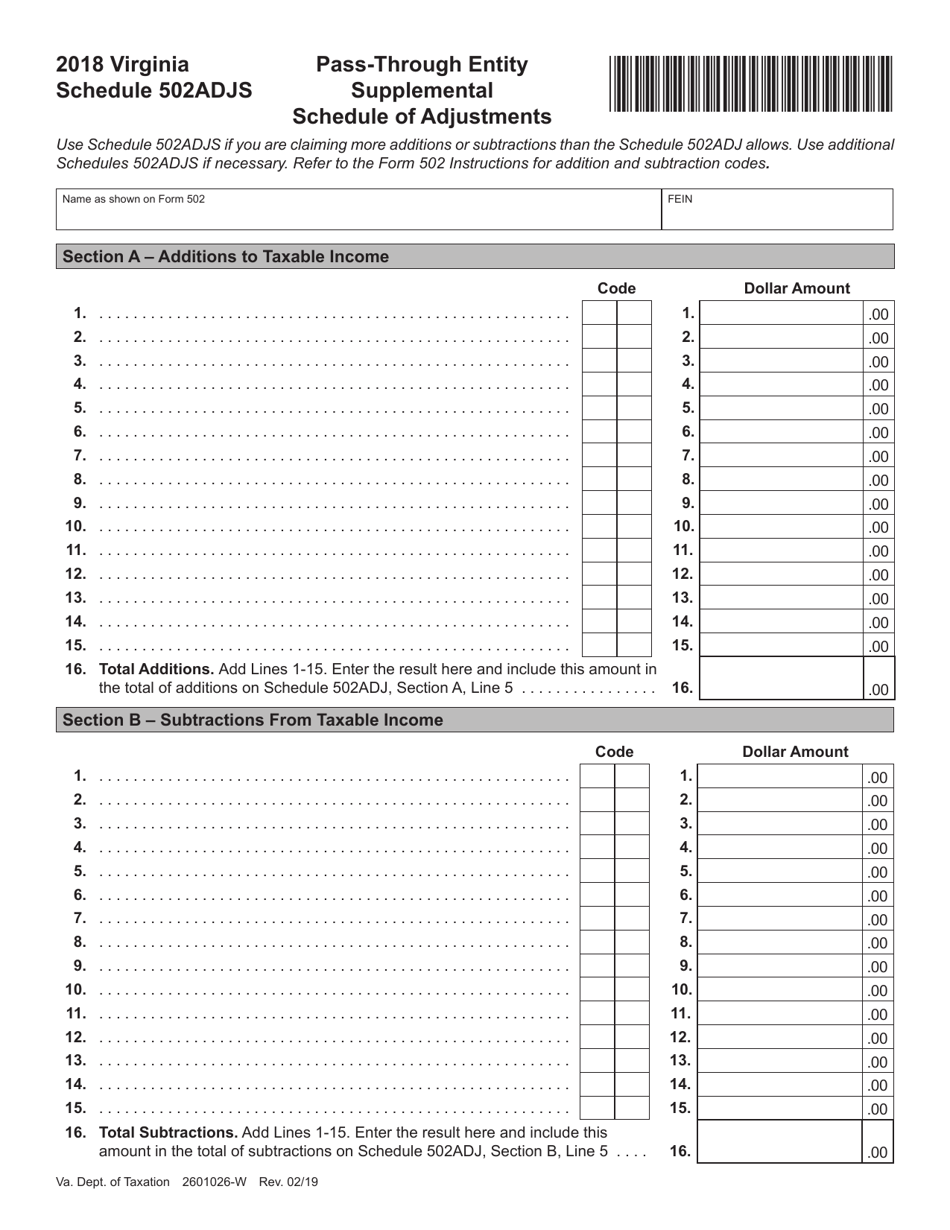 Schedule 502ADJS Pass-Through Entity Supplemental Schedule of Adjustments - Virginia, Page 1