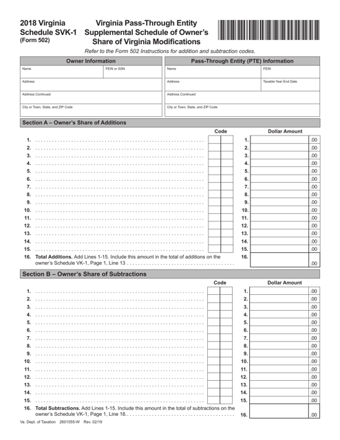 Form 502 Schedule SVK-1 2018 Printable Pdf