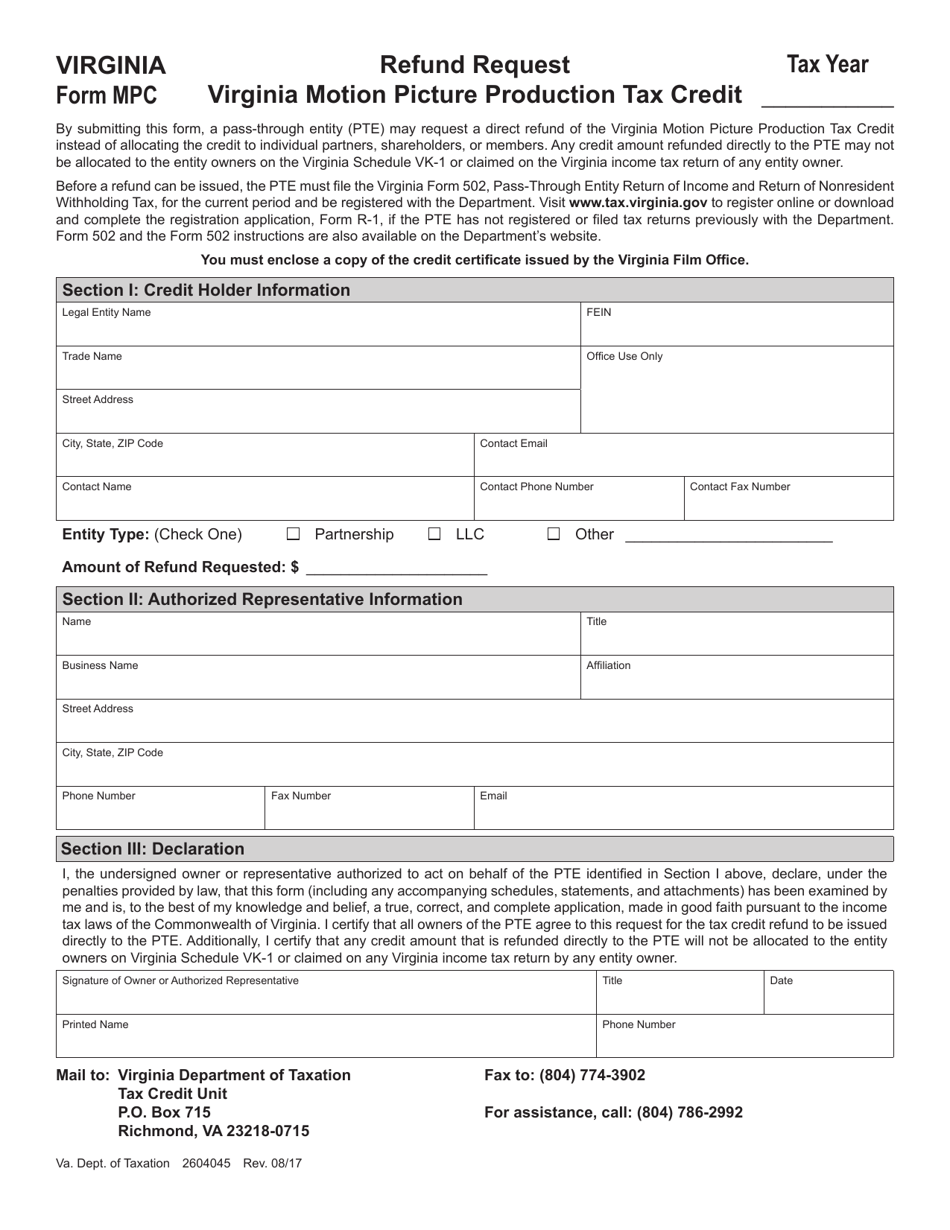 Form MPC Virginia Motion Picture Production Tax Credit - Virginia, Page 1