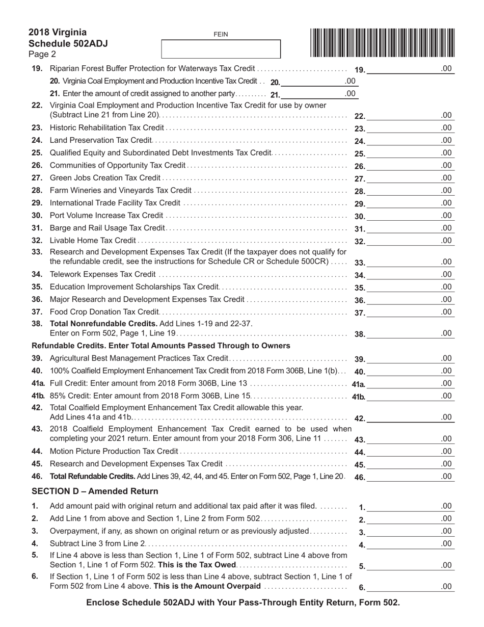 Schedule 502ADJ Pass-Through Entity Schedule of Adjustments - Virginia, Page 2
